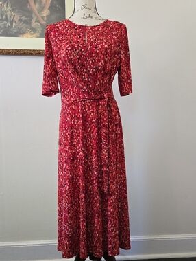 London Times Red Multi-Print Midi Dress with Tie Waist